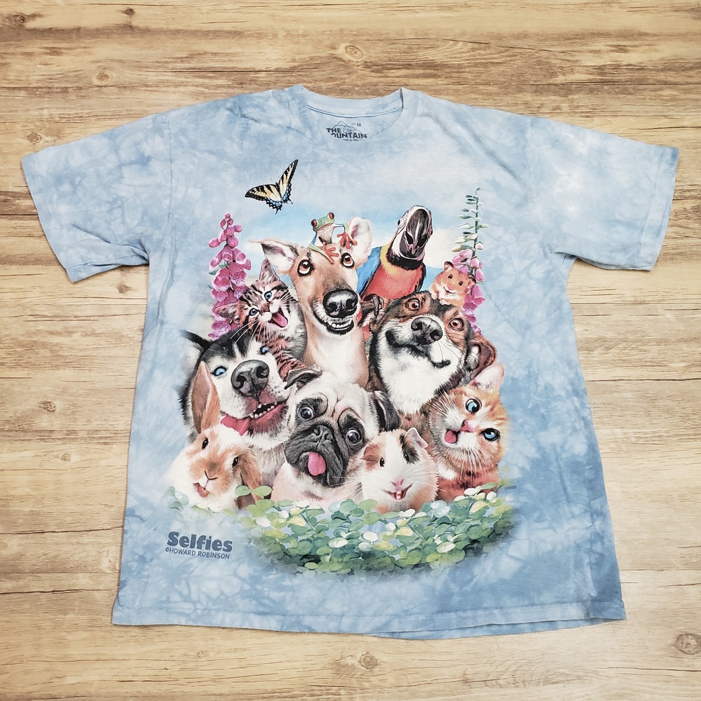 The Mountain Shirt Mens Medium Blue Tie Dye Selfies Pets Animals Graphic Tee